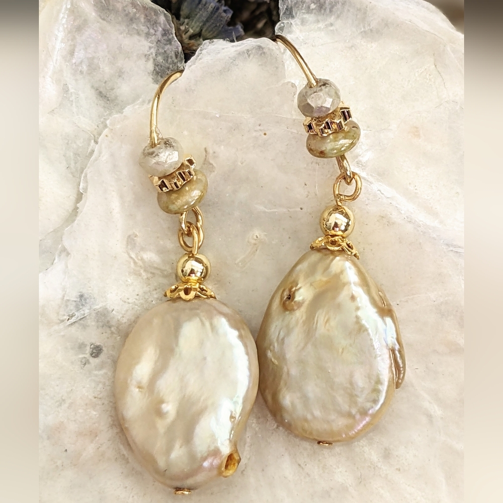 Natural Beige Freshwater Coin Pearl In Drop Down Gold Plated Earrings